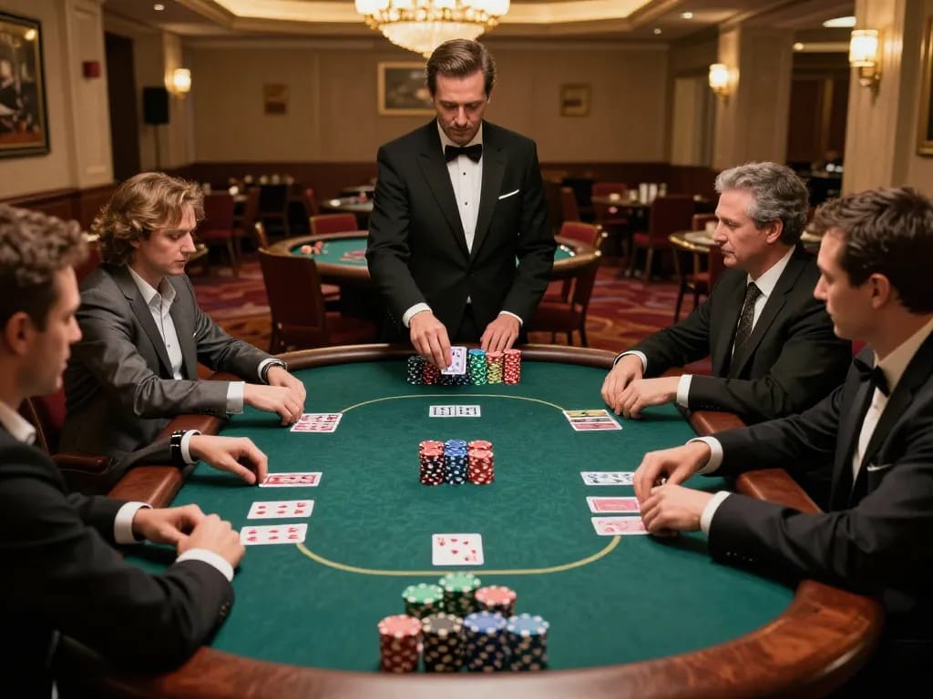 LGOLUX poker table gameplay with players engaged and dealer expertly managing cards.
