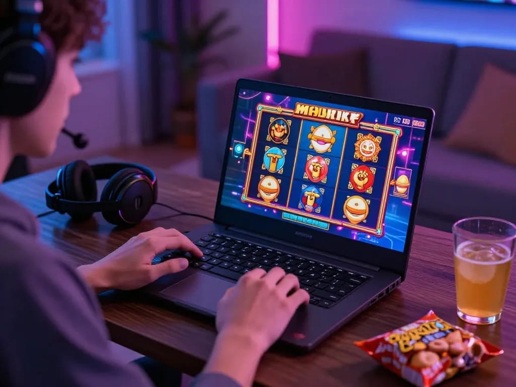 Exciting gaming moment featuring zeus138 online slot games being played on a laptop in a cozy living room.