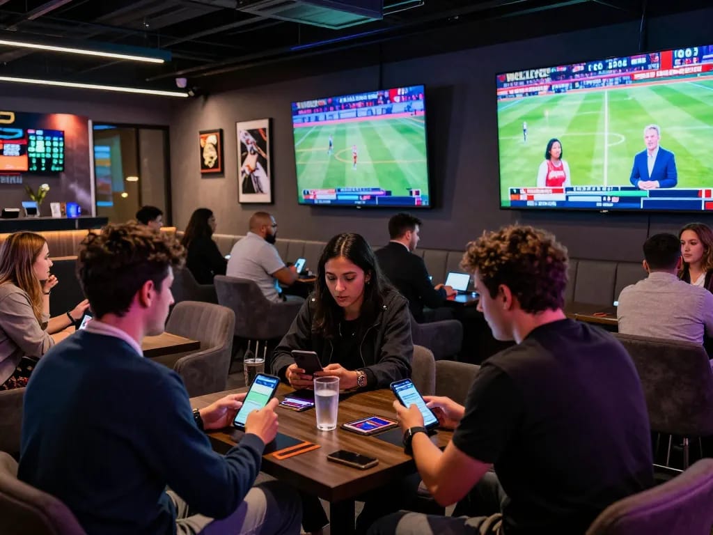 Excited bettors analyzing sports odds at n188's energetic sports betting lounge.