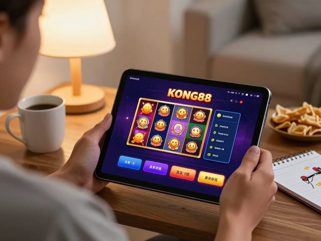 Engaged player exploring the Nhà cái KONG88 casino app in a cozy home setting, enhancing online gaming experience.