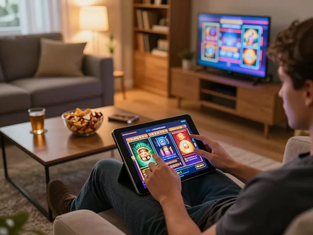 Player enjoying net88 slot games on a tablet in a cozy home environment with vibrant graphics.