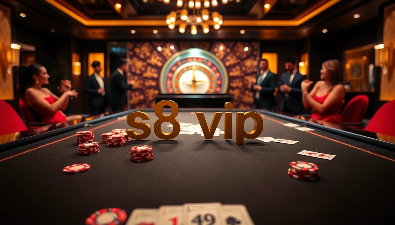 Exciting scene of s8 vip casino gaming with poker chips and roulette wheel highlighting a luxurious gambling experience.