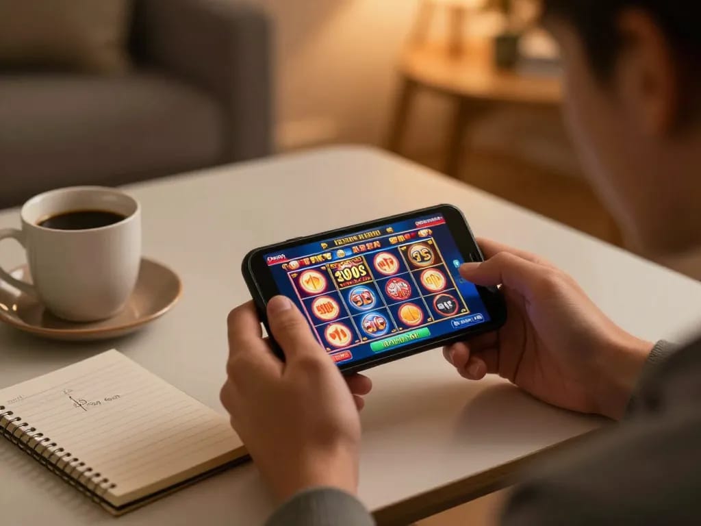 Exciting online gaming at u888 with a player using a smartphone to engage in thrilling slot action.