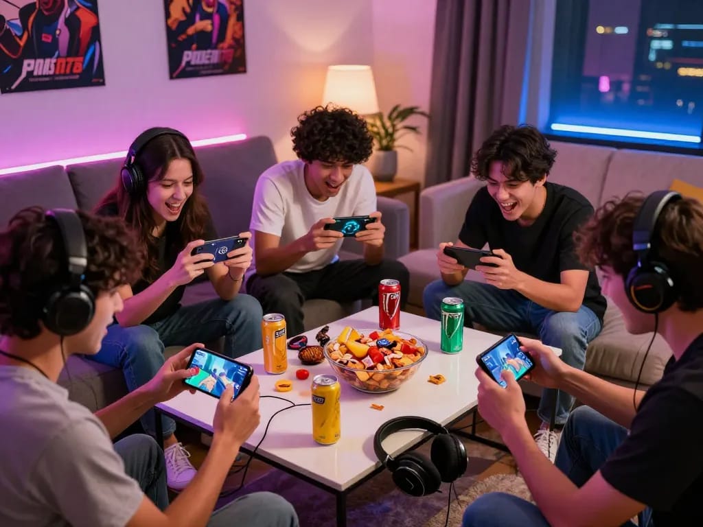 Friends enjoying Panen178 mobile game in a lively living room with snacks and gaming gear.