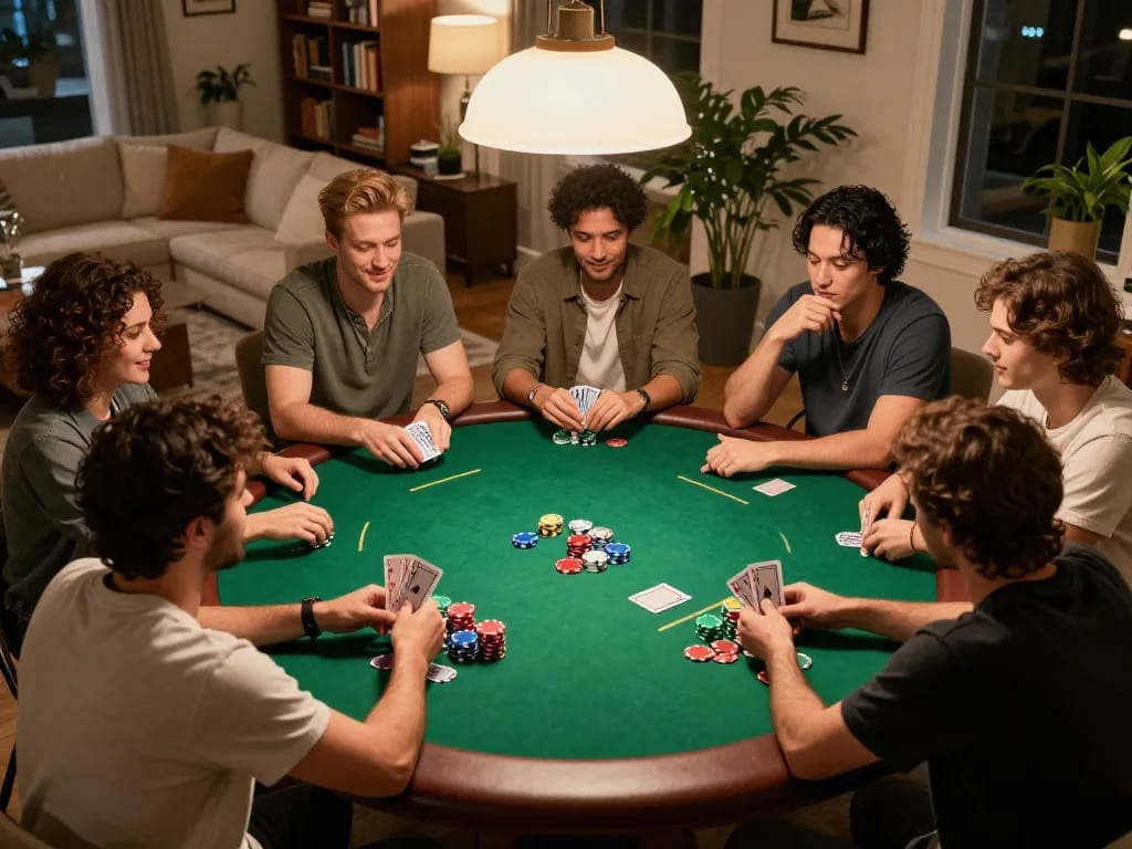 Friends playing poker at home showcasing strategies while discussing m110 betting tactics.