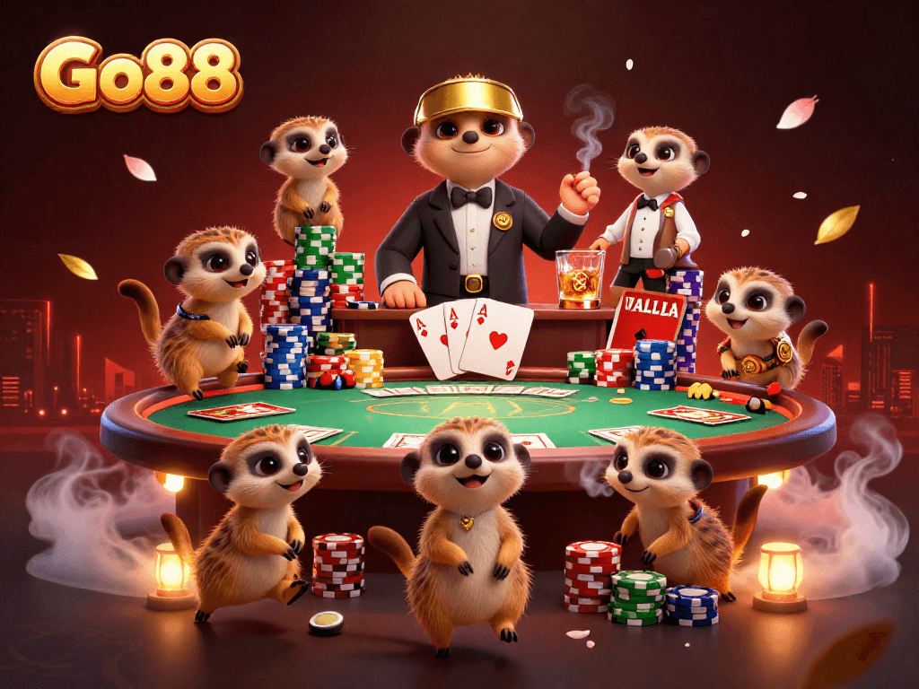 Go88 meerkats controlling a lively casino with colorful poker elements and a dynamic atmosphere.