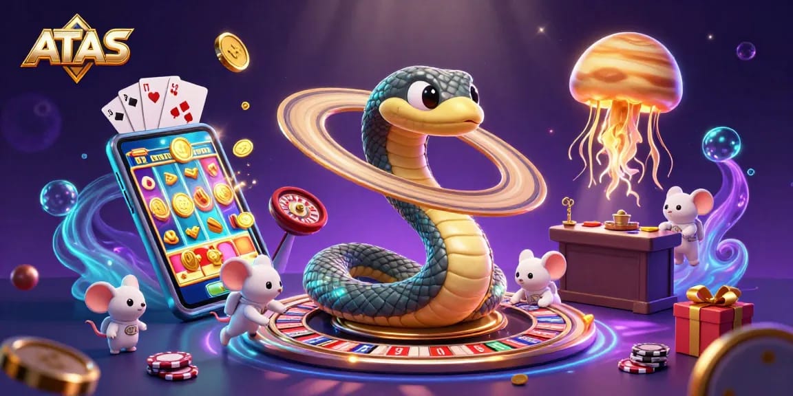 Spin and win at ATAS Casino with cosmic characters playing games in a securely vibrant atmosphere.
