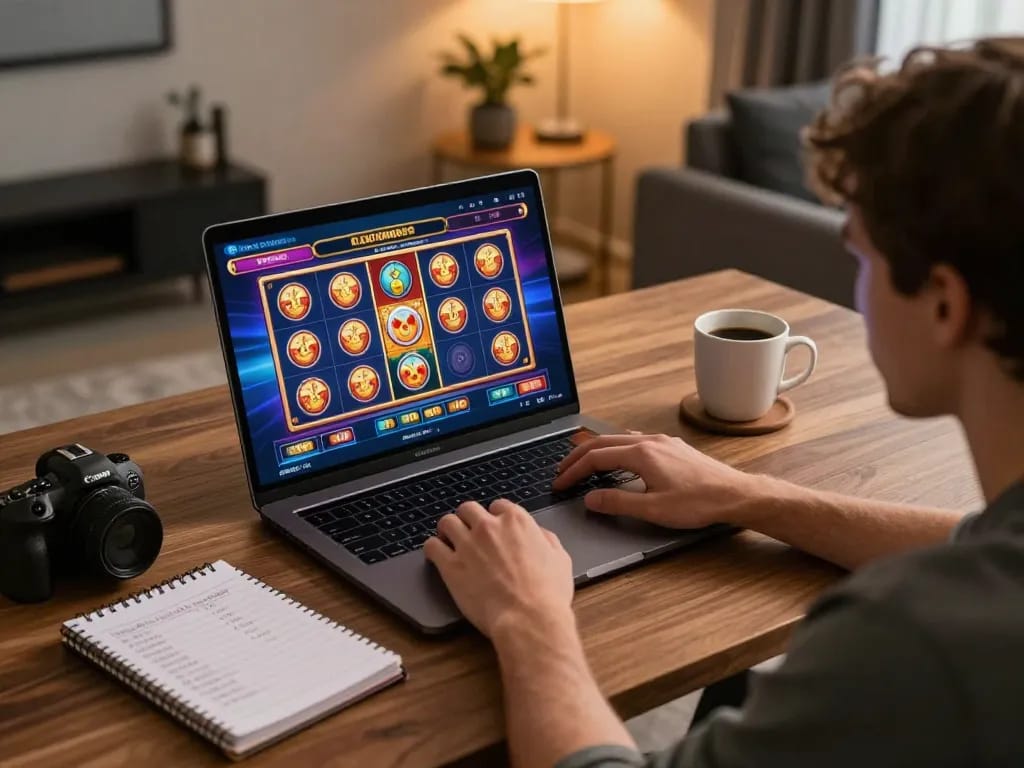 Player enjoying Tr888 online casino games on a laptop in a cozy home setting.