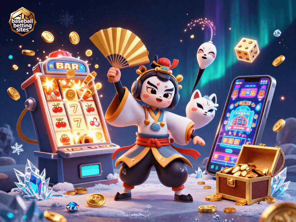 Experience the excitement of baseball betting sites with vibrant casino elements and characters.