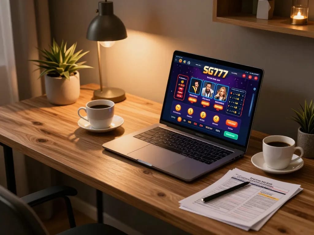 Engaging in exciting SG777 online casino gameplay on a stylish laptop with cozy atmosphere.