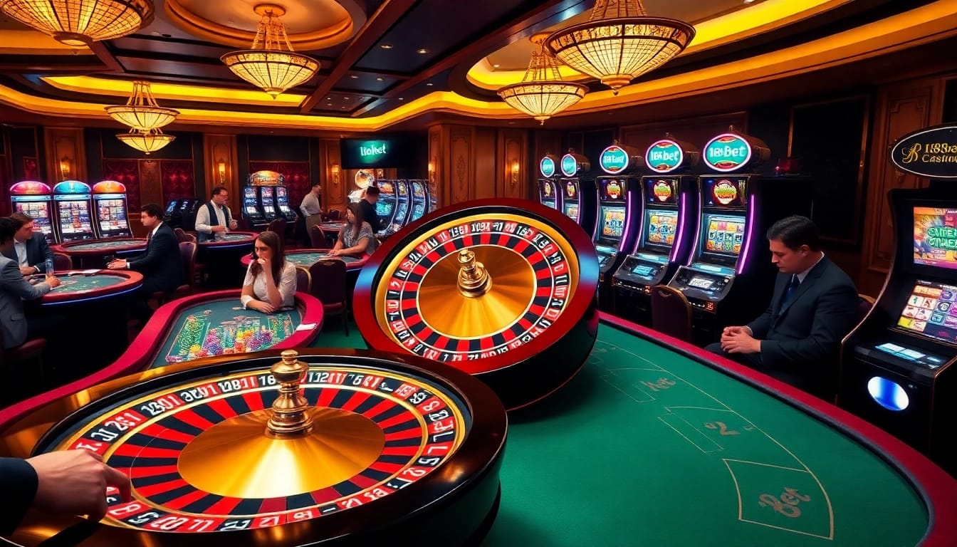 Players enjoying thrilling games at 188bet casino, with roulette, poker, and slot machines in an exciting setting.