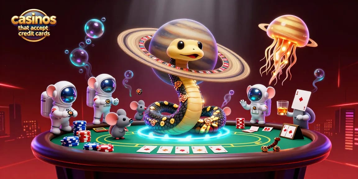 Casinos that accept credit cards: Tiny astronaut mice placing bets on a cosmic roulette wheel of Saturn's rings.