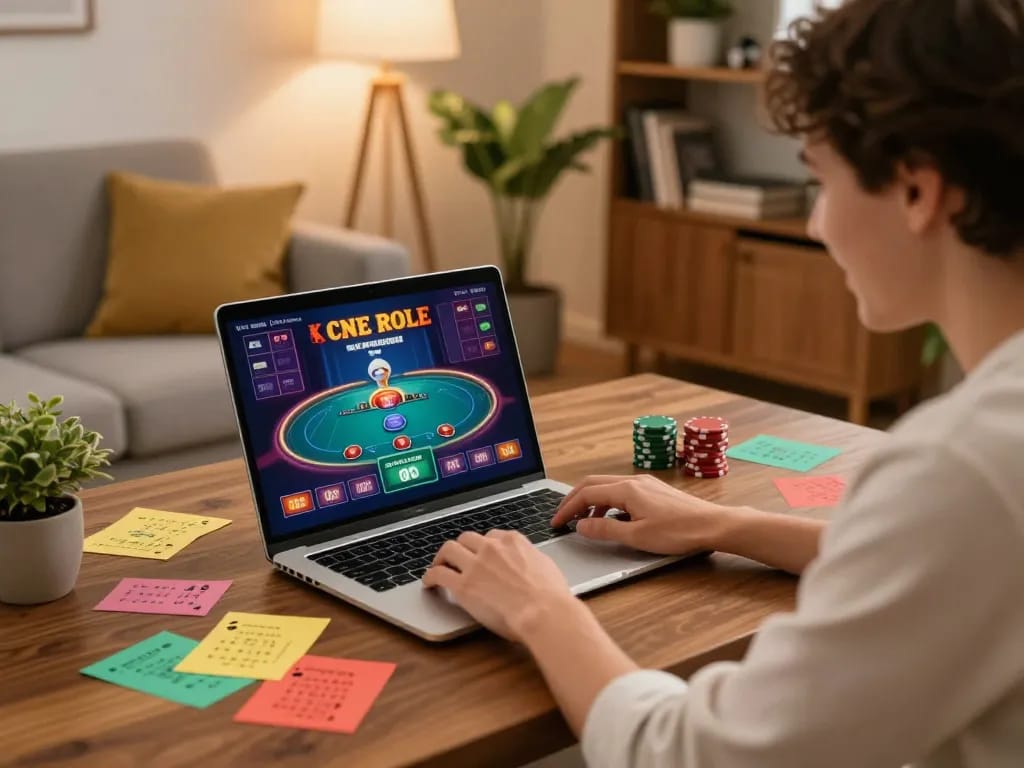 F8betlv gaming session with player immersed in online poker strategy at home.