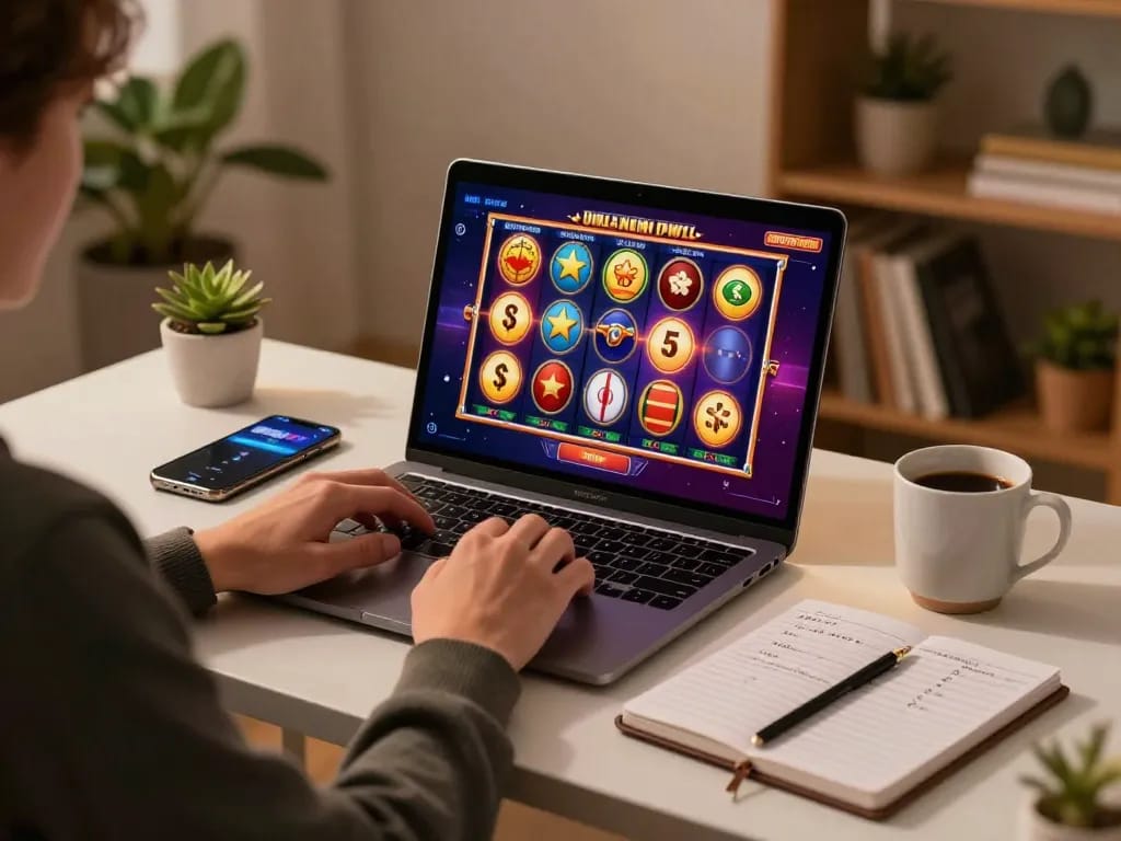 VN23 player engaging in online slots with vibrant graphics on laptop in cozy home setup