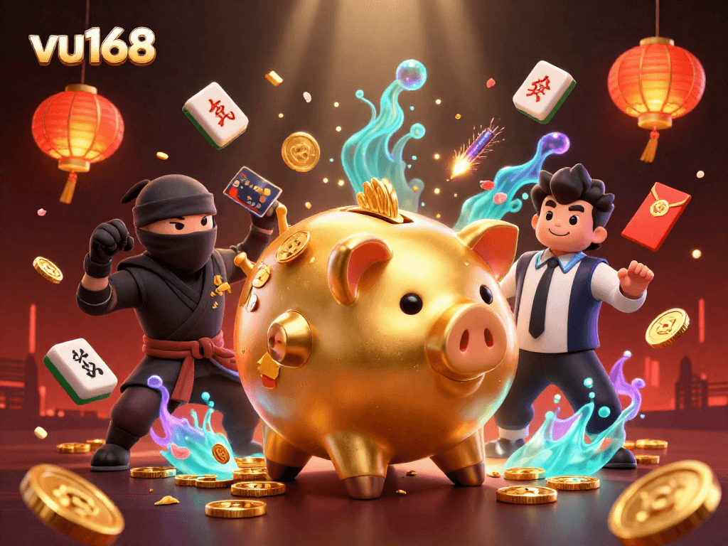 Engage in thrilling gaming action at vu168 with a dynamic scene of unique characters amidst vibrant casino elements.