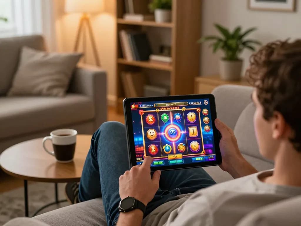Pemain menikmati slot online di tablet saat malam yang nyaman di rumah, menjelajahi opsi permainan leci123a.
