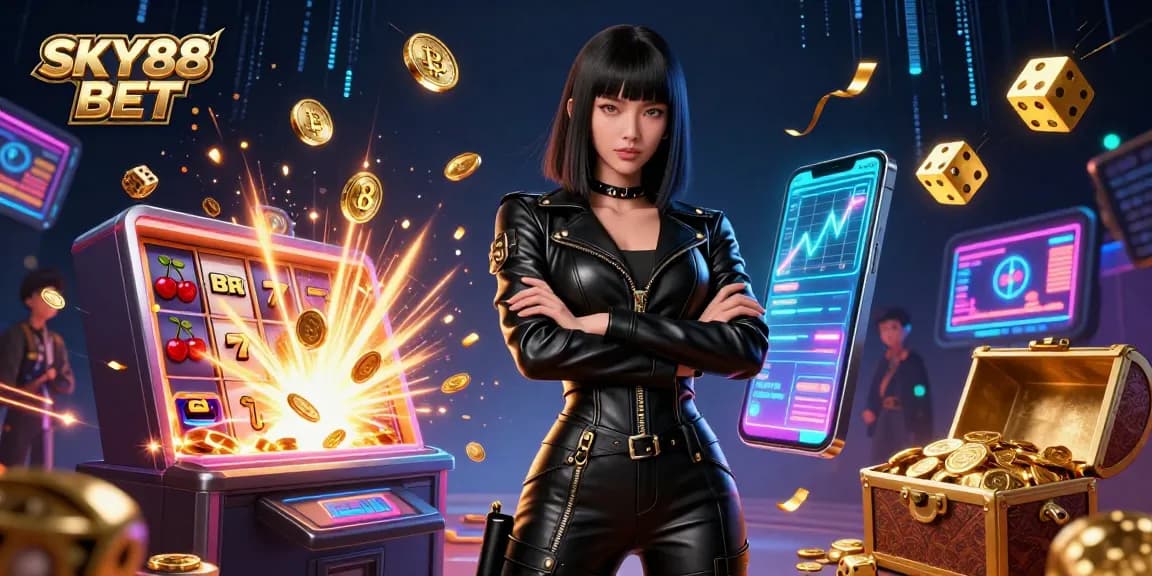 Engage in winning strategies with SKY88 BET in a dynamic casino illustration showcasing slots and crypto themes.