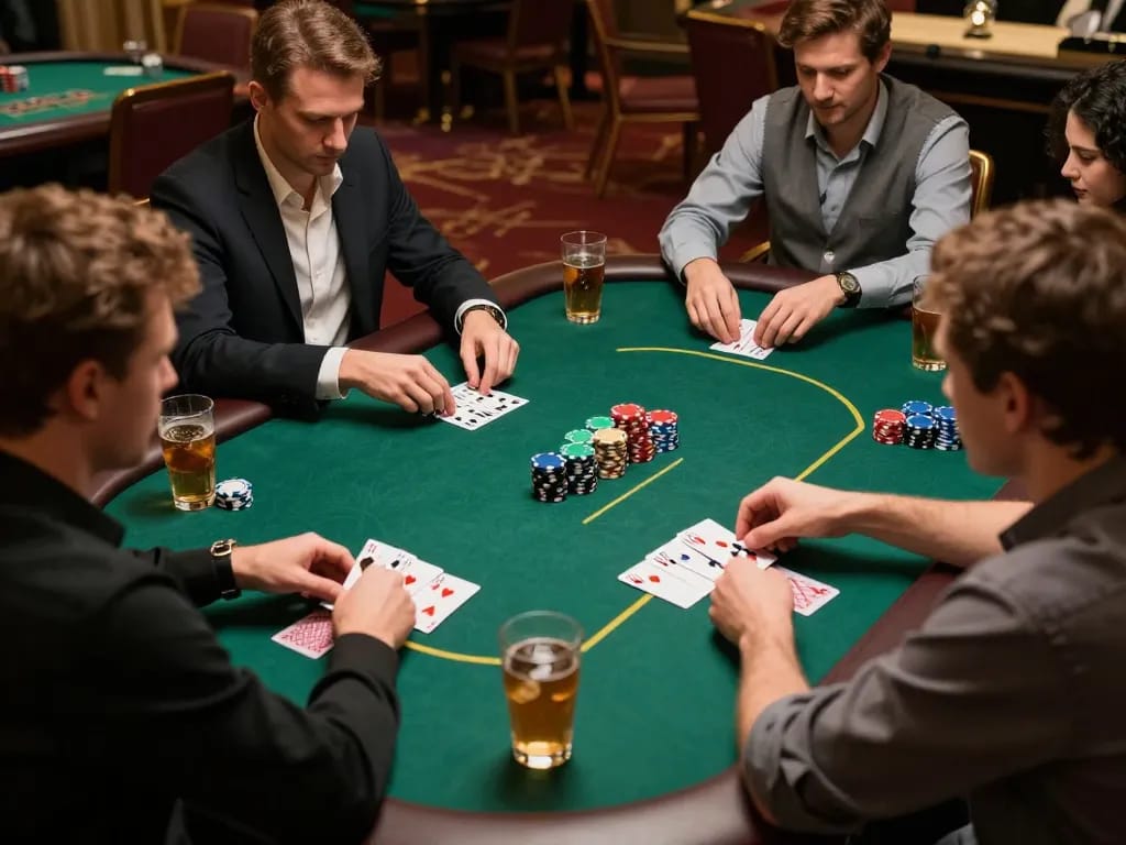 Exciting poker gameplay at open88.com, showcasing players in an upscale casino environment with vibrant chip stacks and drinks.