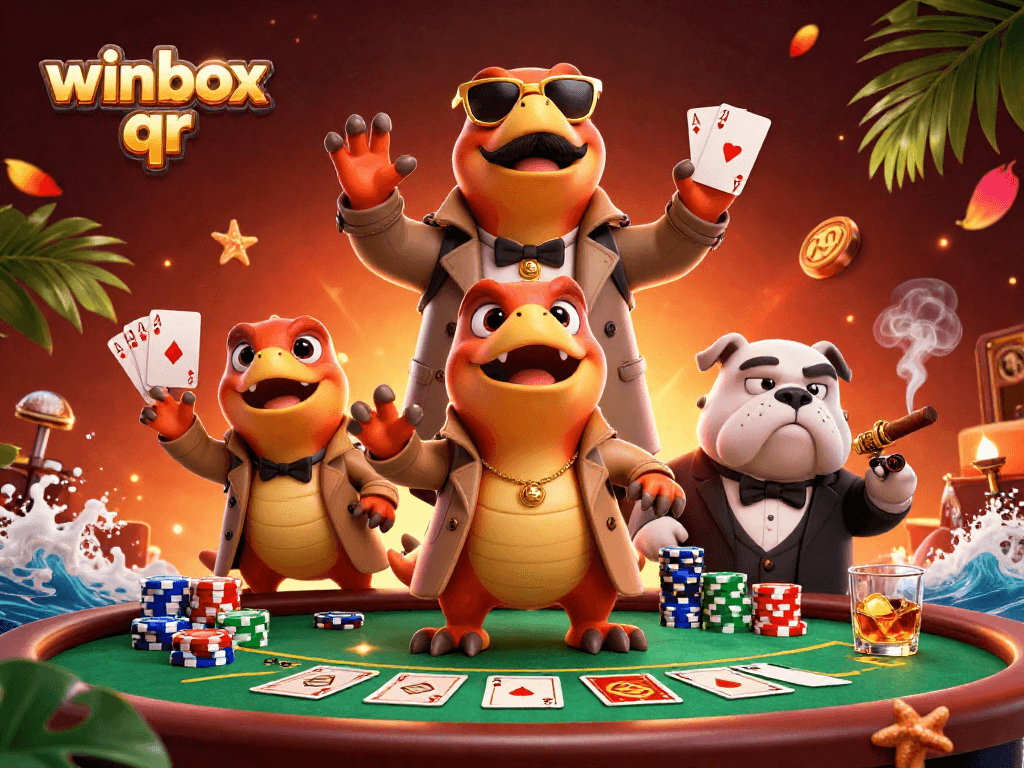 Enjoying the excitement of winbox qr in a lively casino scene with raptors and poker elements.