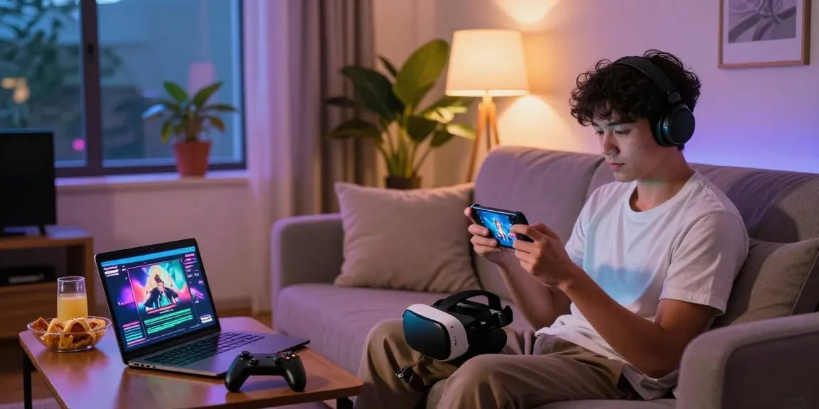 Engaged player enjoying mobile hentai games on a cozy couch with vibrant lighting.