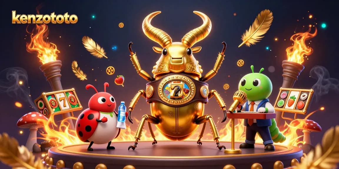 Kenzototo showcases an electrifying slot battle with a giant stag beetle champion and whimsical characters in a dynamic casino scene.