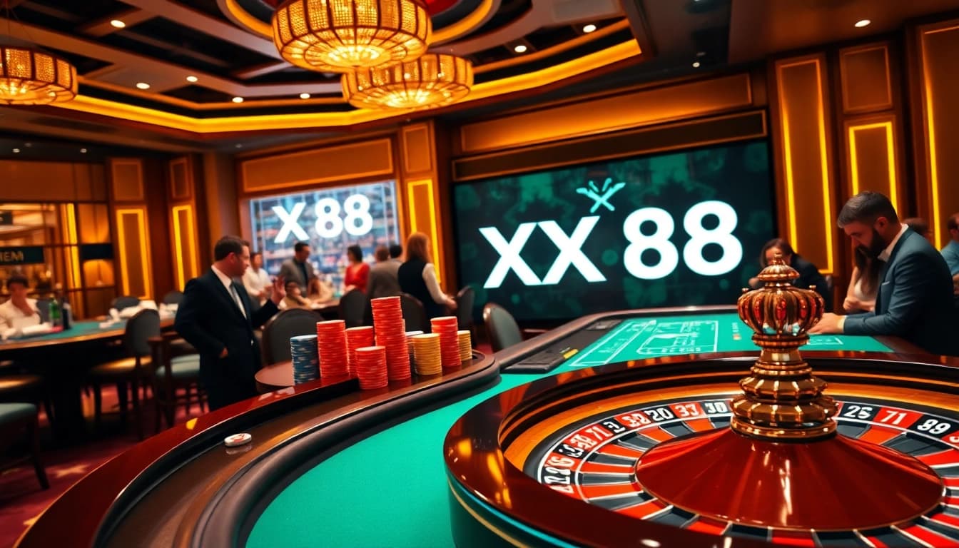 Players enjoying games at an XX88 casino with vibrant tables and chips.