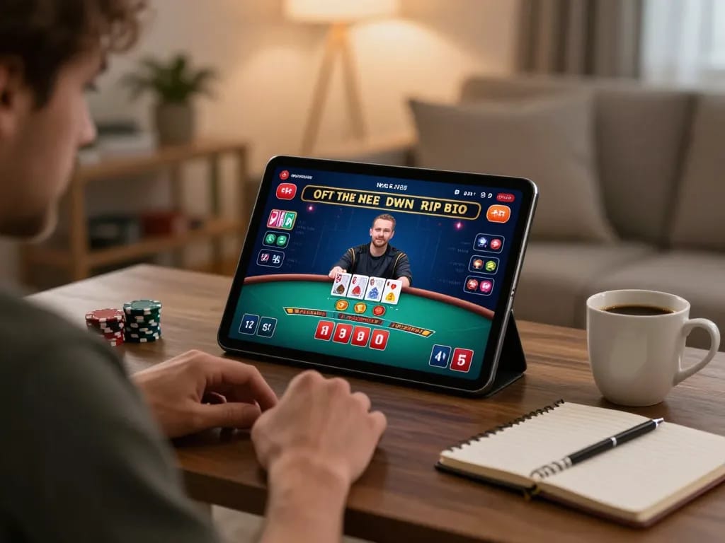lc88 player engaging with live blackjack on tablet in a cozy home setting