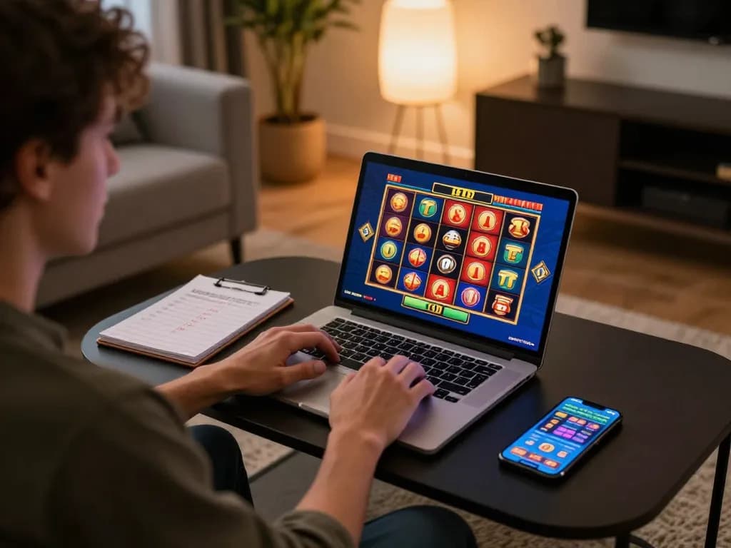 A player enjoying aman788 slot gacor on a laptop in a cozy home gaming setup, with betting strategy notes visible.