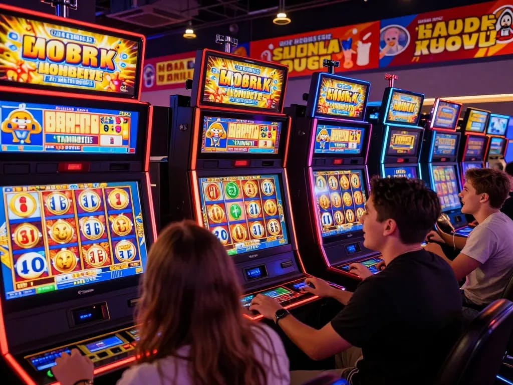 Joyful players immersed in tante77 slot games on vibrant website screens, showcasing dynamic online gambling excitement.