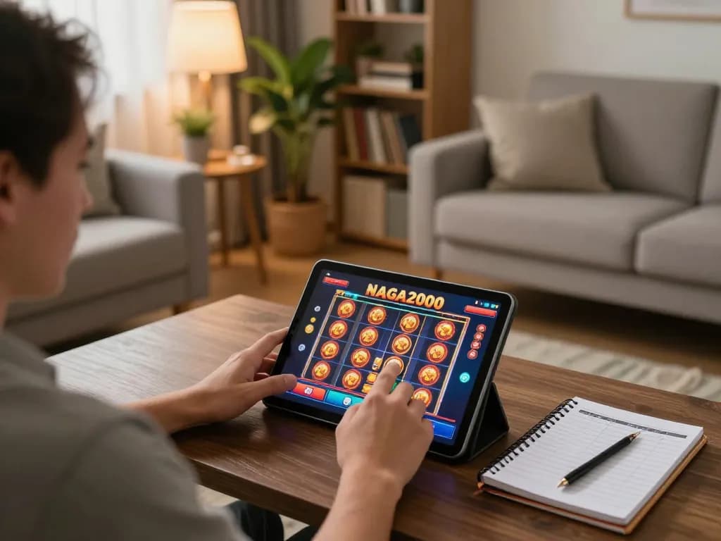NAGA2000 player immerses in strategic slot gameplay at home, emphasizing responsible gambling.