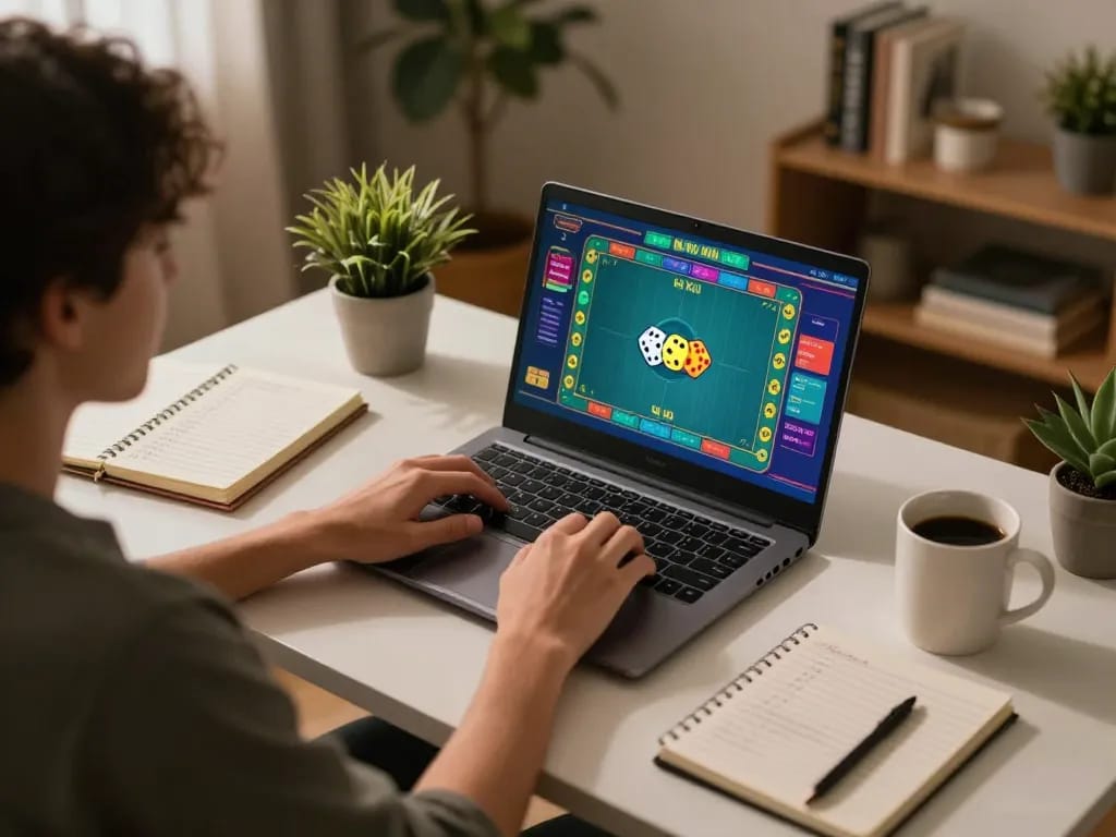 Tài xỉu online gaming session at home with a player engaged in the game, laptop showing colorful dice results.