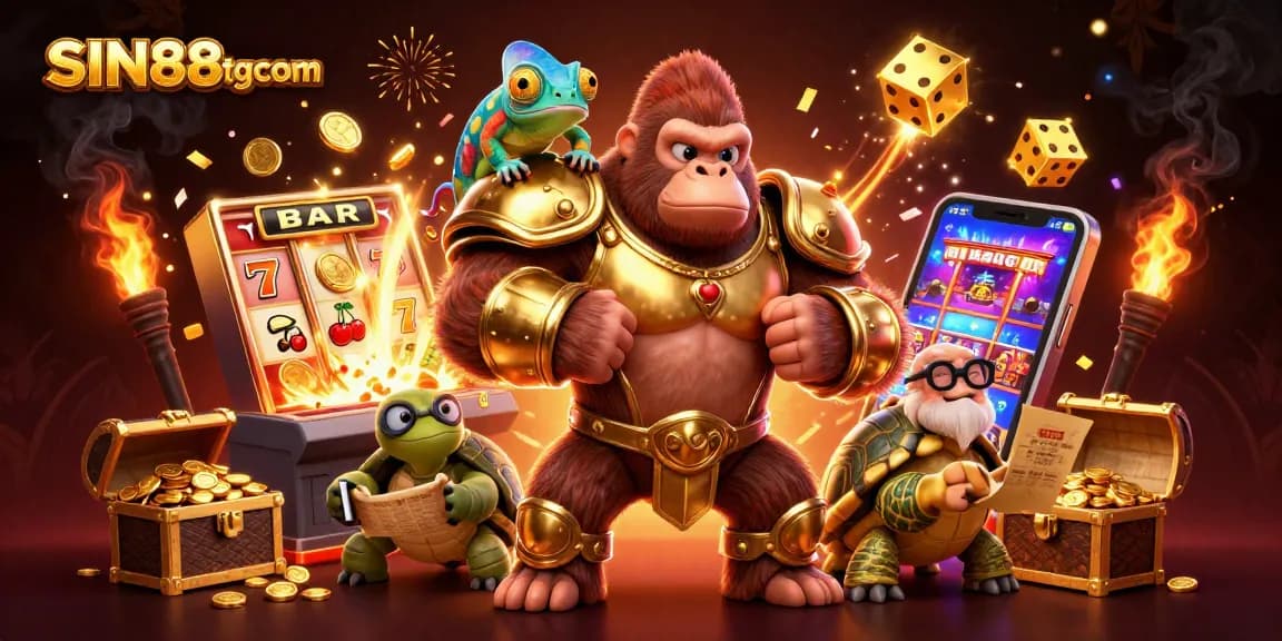 Engage with the vibrant excitement of SIN88tgcom showcasing a gorilla king in battle armor amidst a jackpot explosion.