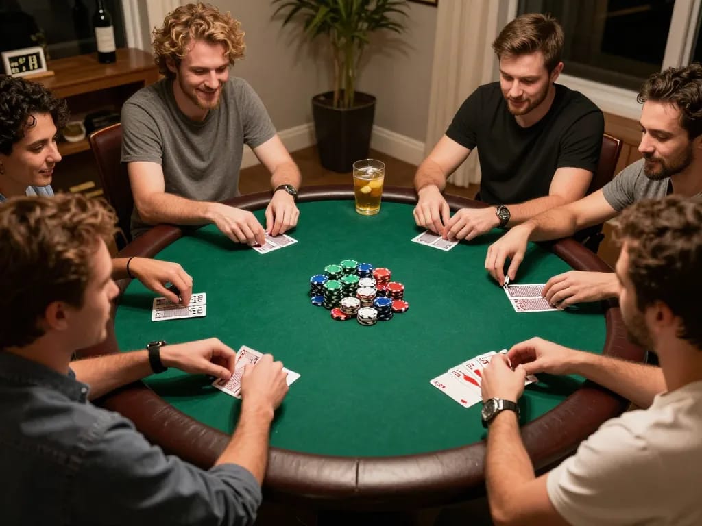 tr88 players enjoying a friendly home poker night with drinks and snacks on the table