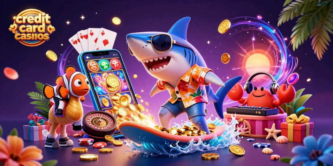 Engage with credit card casinos through vibrant 3D characters celebrating in a dynamic gaming scene.
