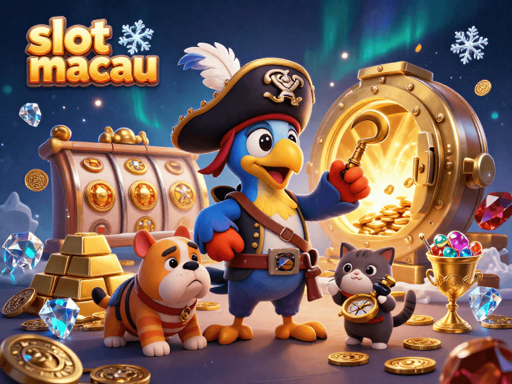Engage with slot macau treasures as vibrant characters navigate through sparkling gems, gold coins, and dynamic slot reels.