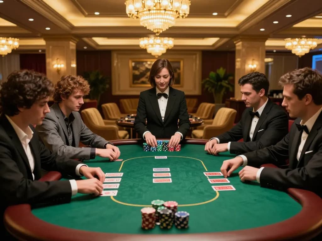 Players bet strategically at a poker table in MB88's elegant casino setting, showcasing gaming intensity.