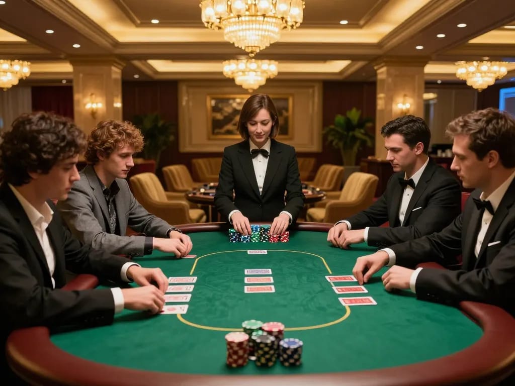 Players bet strategically at a poker table in MB88's elegant casino setting, showcasing gaming intensity.
