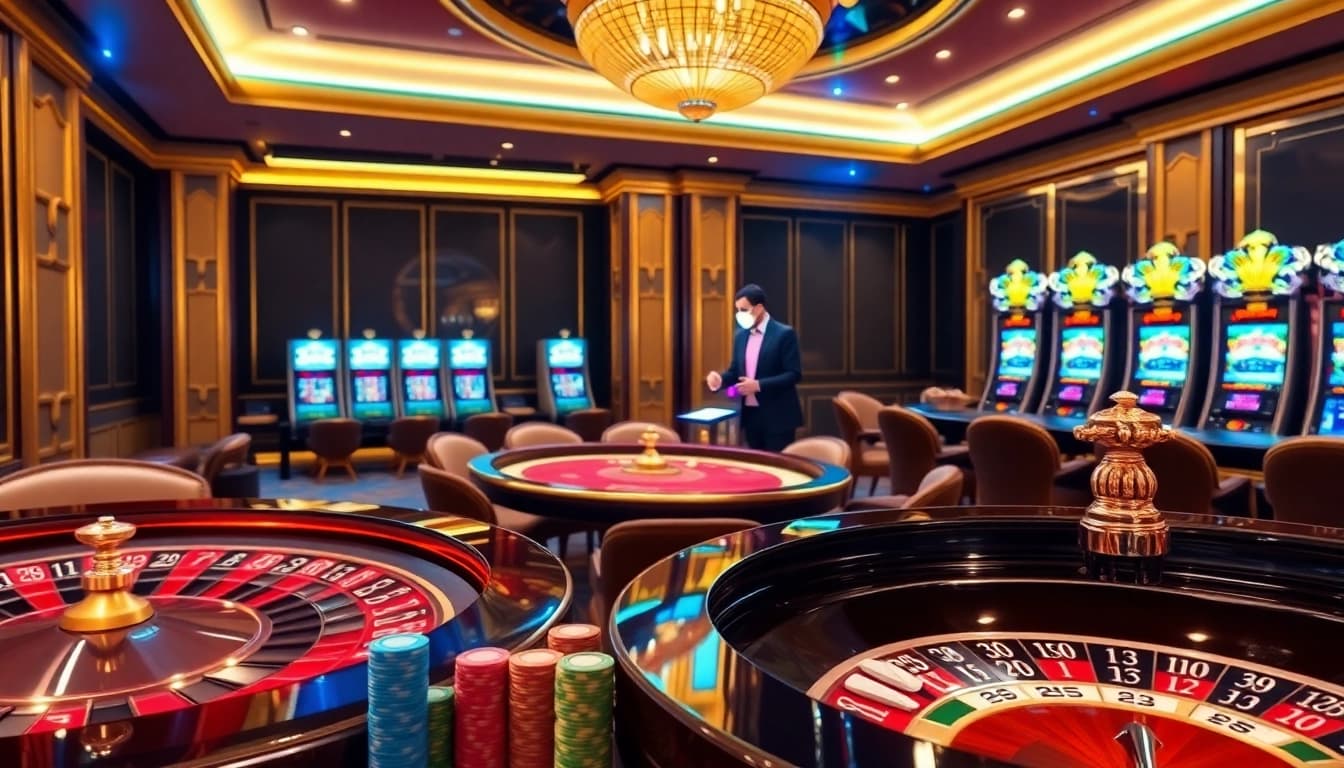 Engaging scene of Clube VIP HHBET showcasing luxury casino elements, poker chips, and roulette wheel.