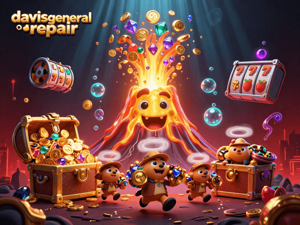 Davisgeneralrepair unveils a vibrant casino scene with a golden volcano erupting gems and lively slot symbols.