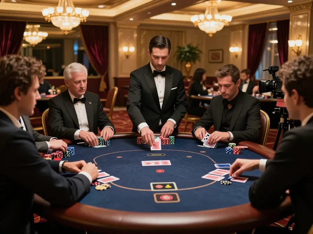 KJC poker players strategizing their next move at an upscale table in a luxurious casino setting.