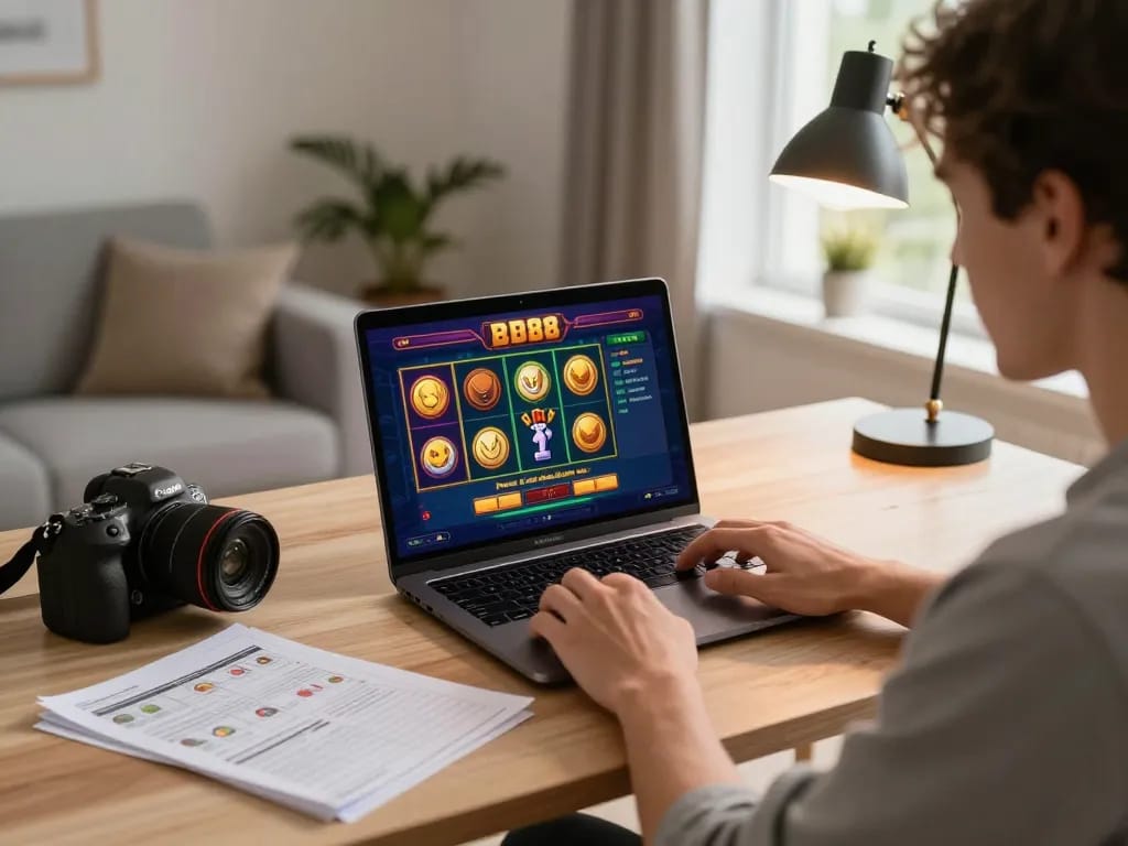 Engaging in slot88 gameplay with a modern gaming setup and strategy notes visible for better results.