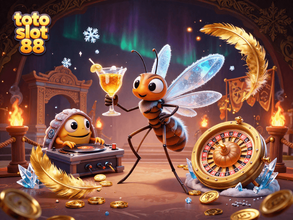 Experience the excitement of toto slot 88 through vibrant casino-themed 3D illustration featuring a frozen-in-amber mosquito mascot and golden roulette wheel.