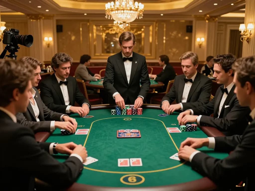 NET88 players engaging in a high-stakes poker game at a luxurious casino with elegant atmosphere.