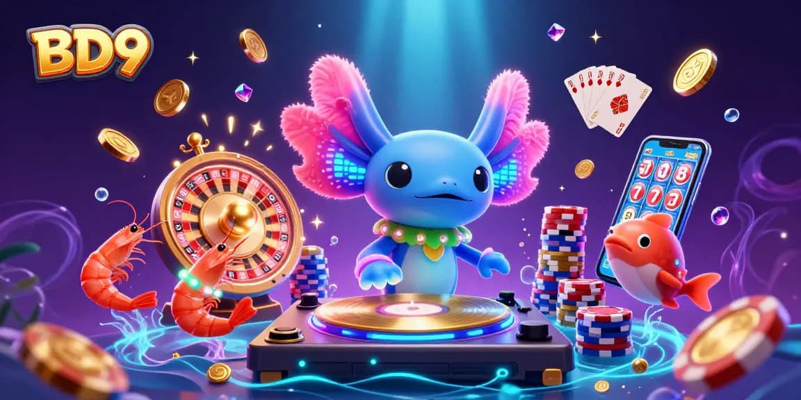 BD9 axolotl DJ spins records as golden coins fly around, showcasing an exciting casino atmosphere.