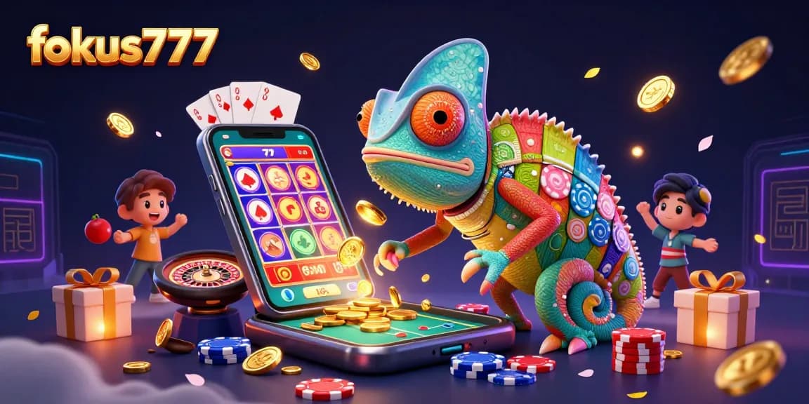 Engage with exciting online games at fokus777, featuring colorful slots, winning cards, and golden coins!