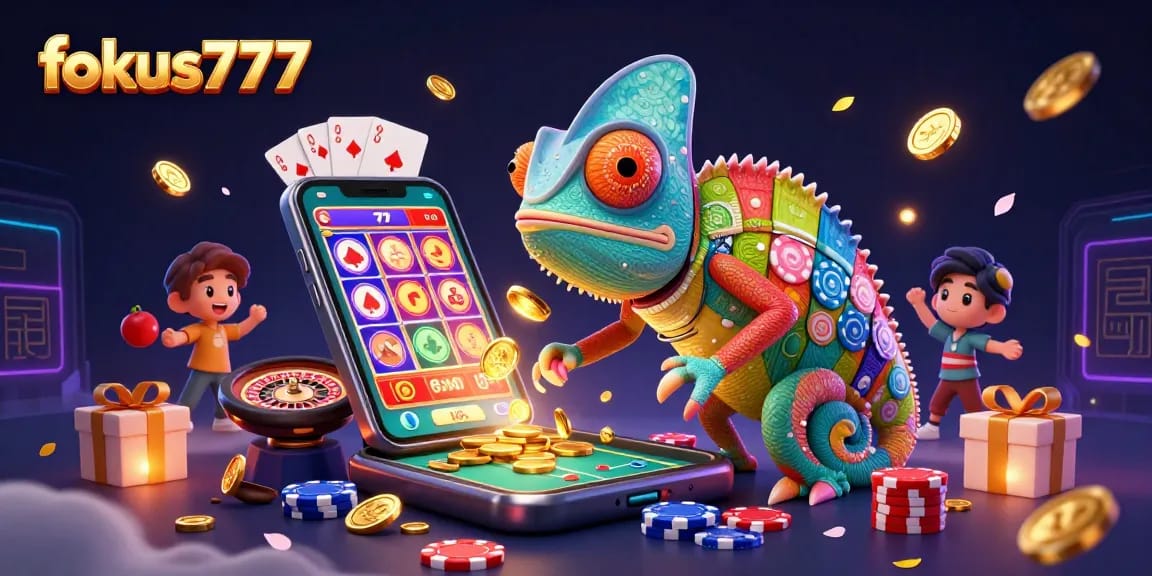 Engage with exciting online games at fokus777, featuring colorful slots, winning cards, and golden coins!