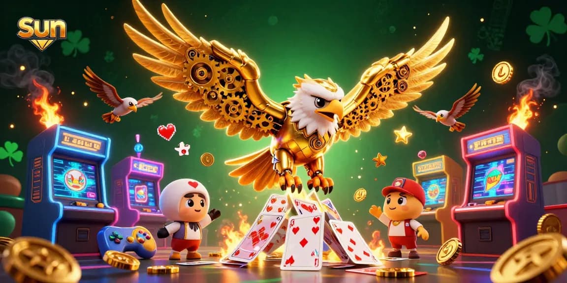 sun gaming action featuring a golden eagle among colorful casino game elements