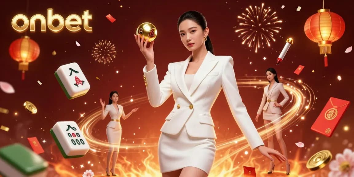 Experience the thrill of onbet with a glamorous Asian woman holding a roulette ball in a rich casino environment.
