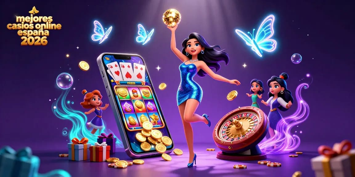 The vibrant scene showcases mejores casinos online españa 2026 with a glamorous dancer, dynamic casino elements, and neon butterflies.