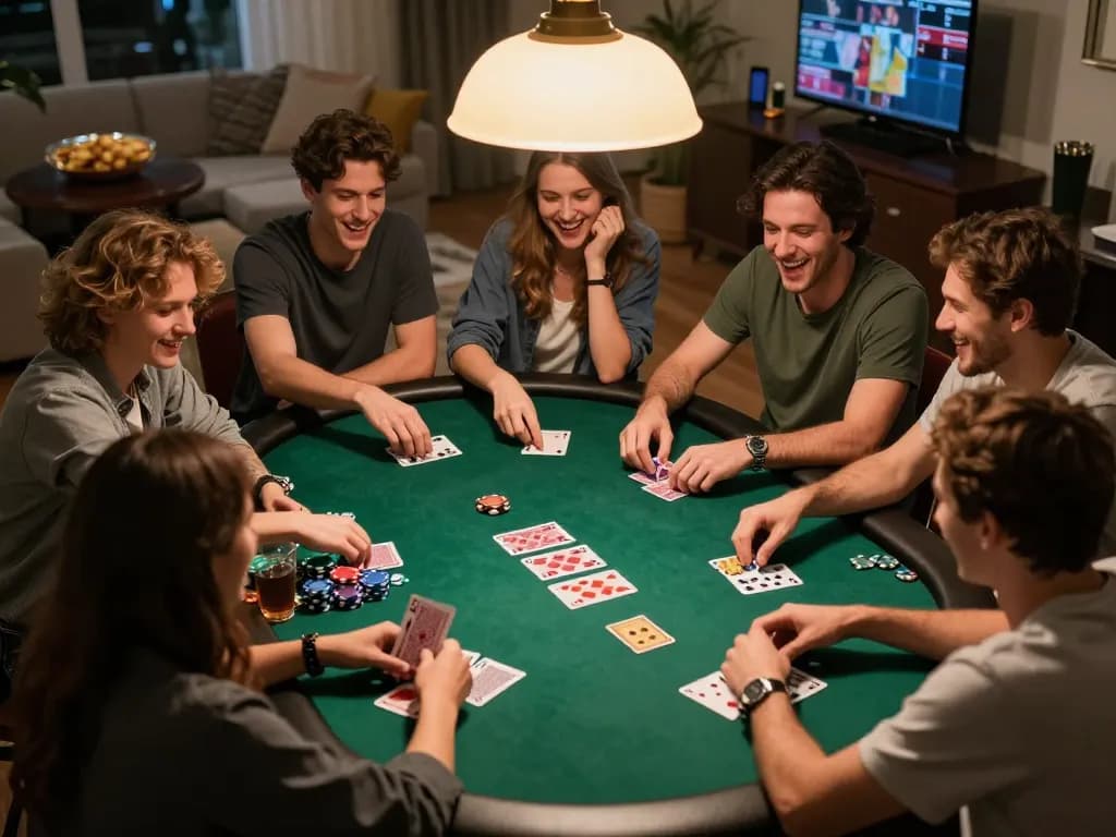 Friends engaging in an exciting mpo sport poker game around a table, lively atmosphere with cards and chips around.